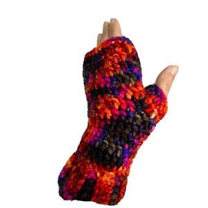 Crocheted Fingerless Mittens Wool Winter Texting Orange Purple Handmade Unique